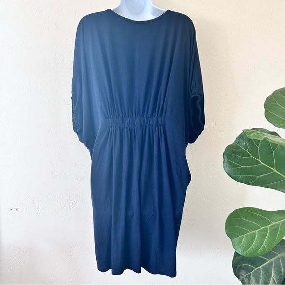 TRINA TURK Ruched V Neck Tunic Top Dress Beach Swim Cover Navy Size 8 - Picture 5 of 9